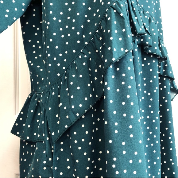 Feminine Teal Green & White Polka Dot Ruffle Trim Mini Dress - Picture 8 of 16